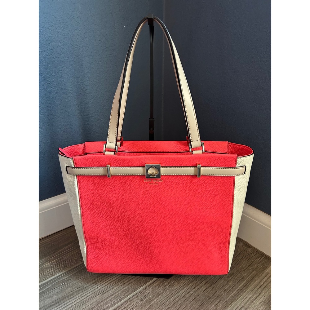 Kate Spade New York‎ Pebbled Leather Colorblock Tote Bag Coral Pink Purse w/ COA